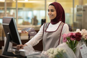 Poster - Qatar arab cashier women working market adult.