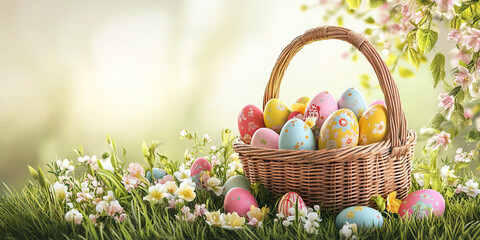 An Easter basket full of colorful eggs and pastel-colored treats, nestled amidst lush green grass and blooming flowers.