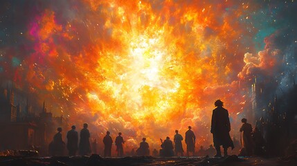 Wall Mural - A group of people stand in silhouette against a massive fiery explosion in the sky, witnessing an event of unknown significance.