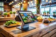 © Man888 - Modern Point of Sale System with Touchscreen Display and Payment Processing on a Wooden Table