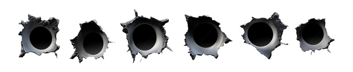 Collection set of metal bullet holes isolated on transparent or white background