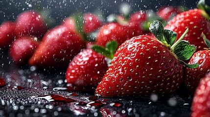 Fresh Strawberries with Water Droplets Close-Up