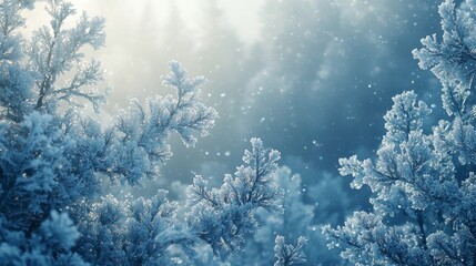 Wall Mural - Design a background showing a dense forest blanketed in snow, with intricate ice crystals on the tree branches