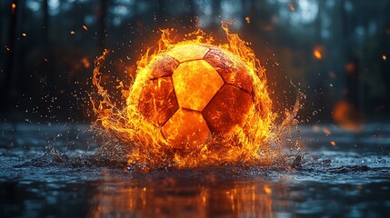 Wall Mural - A fiery soccer ball splashes in water with a dark forest backdrop.