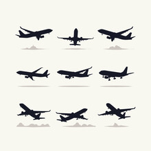 Silhouettes of various airplane models ascending and descending against a light backdrop.