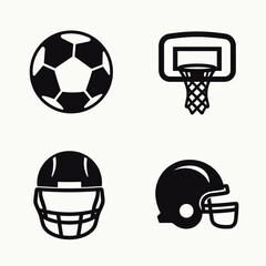 Wall Mural - black and white icons of soccer, basketball, and american football equipment on a light background.