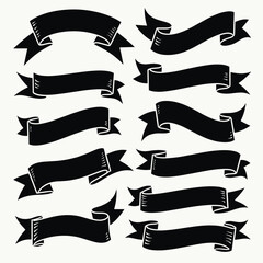 A collection of twelve black ribbon banners of various shapes, each elegantly curled, set against a white background, ideal for graphic design use.