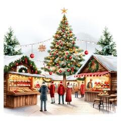 Sticker - Festive Christmas Market Scene with Tree and Stalls