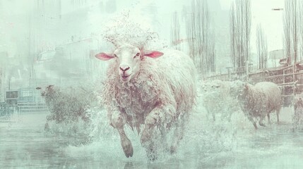 Sticker - Furry Sheep Running Through Water - Farm Animal Photography