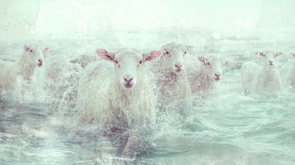 Sticker - White Sheep Running Through Water - A Serene Wildlife Photo