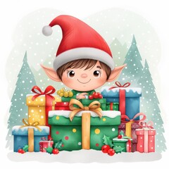 Sticker - Adorable Christmas Elf with Pointy Ears and Gifts