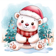 Sticker - Festive Polar Bear with Hat and Scarf in Winter Scene