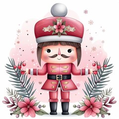 Wall Mural - Kawaii Nutcracker Standing Guard with Flowers and Snowflakes