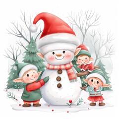 Wall Mural - Charming Santa Snowman with Joyful Elves in Winter Scene