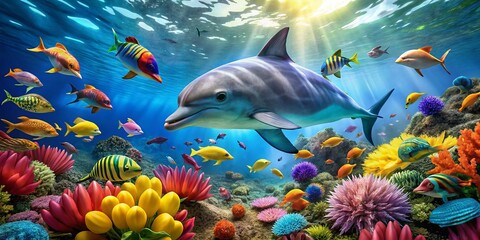 Sticker - Playful dolphin swimming alongside colorful fish in a vibrant underwater scene full of marine life