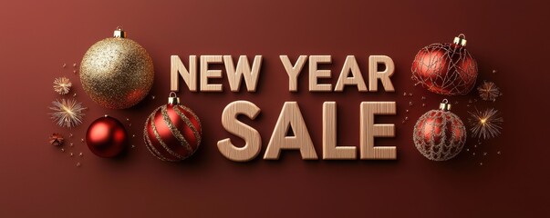 Vibrant New Year sale display featuring festive ornaments and elegant text, perfect for promotional materials and seasonal advertising.