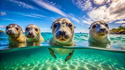 Sticker - Playful Seals Swimming Together in Crystal Clear Ocean Waters Beneath a Bright Blue Sky