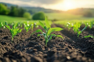 a vibrant spring cornfield showcasing fresh green sprouts under soft sunlight highlighting new growth and vitality in an agricultural landscape filled with promise