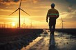 © Philipp - A technician walking along a muddy path beside wind turbines at sunset, symbolizing renewable energy and sustainable work environments.