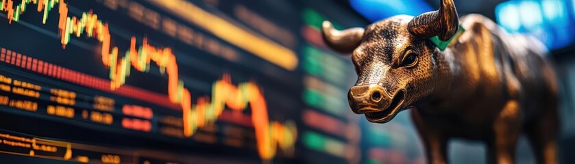 Wall Mural - a striking image of a bull statue symbolizing stock market trends, with dynamic graphs in the backgr