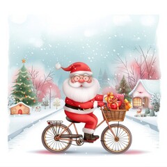 Wall Mural - Santa Claus Riding a Bicycle in a Winter Wonderland