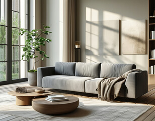  a modern, minimalist living room featuring a sleek, grey sofa, a wooden coffee table, and indoor plants in stylish pots.