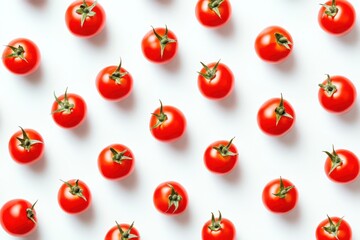 A flat lay of vibrant red tomatoes arranged in a neat pattern on a white background.