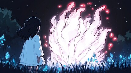 Wall Mural - A Girl Gazes at a Glowing Fire in the Night