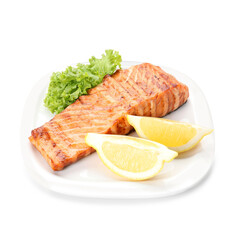 Wall Mural - Delicious grilled salmon fillet with lemon and lettuce isolated on white