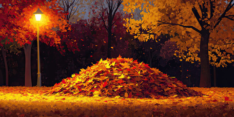 Sticker - A pile of leaves in a park, illuminated by a warm yellow streetlight and surrounded by trees with red, yellow, and orange foliage.