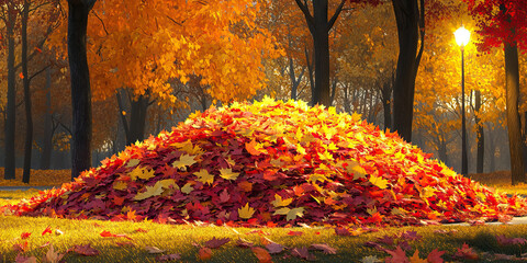 Sticker - A pile of leaves in a park, illuminated by a warm yellow streetlight and surrounded by trees with red, yellow, and orange foliage.