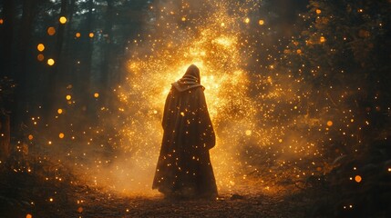 Wall Mural - A cloaked figure stands before a magical explosion of golden sparks in a mystical forest.