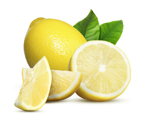 Wall Mural - Fresh juicy lemons and green leaves isolated on white