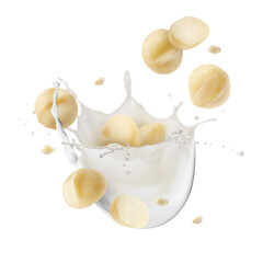 Sticker - Macadamia nuts and splashing milk in air on white background