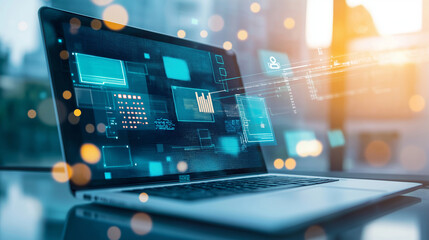 laptop is displaying futuristic software with augmented reality graphics. suggesting innovation in a