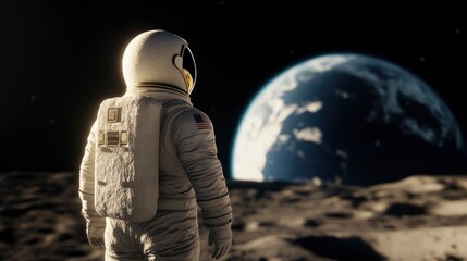Wall Mural - an astronaut standing on the moon, with the earth in the background