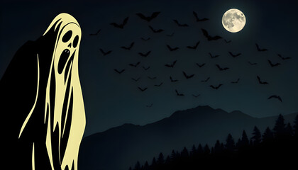 Scary or creepy ghost on the top of the mountain at moonlight night with flying bats.