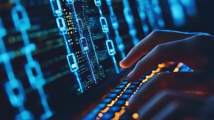 blockchain technology, close-up of blockchain network on a computer screen, hands typing on keyboard