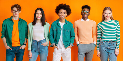 Group of multiethnic young people wearing urban streetwear. Stylish multiracial people on orange background