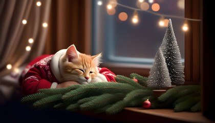 Wall Mural - Cozy ginger kitten curls up beside a festively lit Christmas tree, embracing the magic of a joyful holiday night filled with warmth and cheer