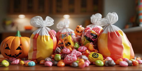 Bags of Candy with Halloween wrappers, overflowing on a kitchen table.