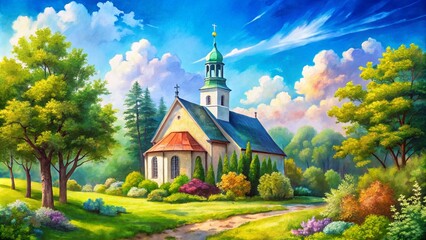 Serene Watercolor Painting of a Beautiful Church Surrounded by Lush Greenery and Blue Sky