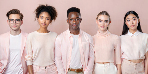 group of multiethnic young people wearing soft pink urban streetwear. stylish multiracial people on 