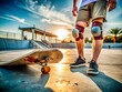 © Man888 - Skateboard Injury Close-Up: Bruised Knee on Concrete with Skating Gear and Board in Background