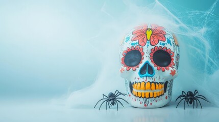 Colorful Day of the Dead sugar skull decoration with spiders and cobwebs on light blue background, perfect for Halloween and Dia de los Muertos