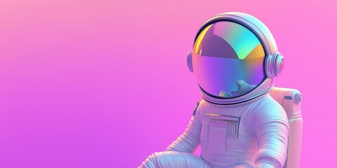 Wall Mural - A cartoon astronaut is sitting on a chair with a colorful background. The astronaut is wearing a helmet and has a reflective surface on it. The image has a playful and imaginative mood