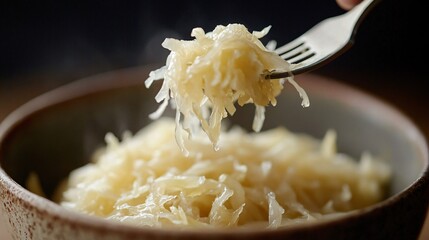 Close up of a fork lifting sauerkraut from a bowl, with tangy brine dripping, against a dark moody background