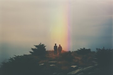 Wall Mural - A couple with a backpack standing on top of a rock with bush rainbow silhouette landscape.