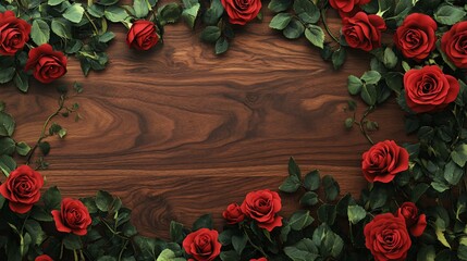 Sticker - Red Roses Border on Wood Background.