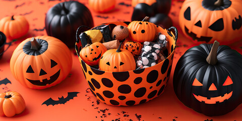 Trick-or-Treat Baskets: Orange and Black Pumpkin-Print Baskets Filled with Halloween Goodies.